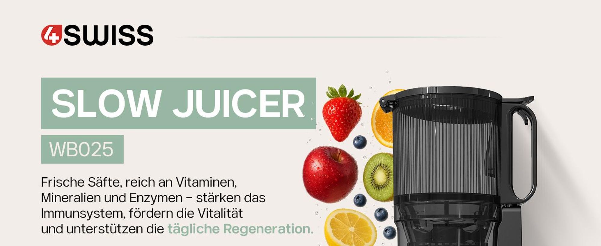 4Swiss WB025 Slow Juicer Entsafter - Kaltentsafter Saftpresse Elektrisch 13 cm XXL Einfüllschacht BPA-frei Leise Obst Gemüse Saftmaschine