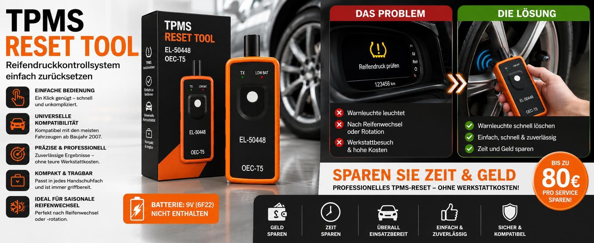 Universales TPMS Anlerngerät mit 6F22 Akku, Kompakter KFZ Reifendrucksensor Anlerngerät - CARTURE