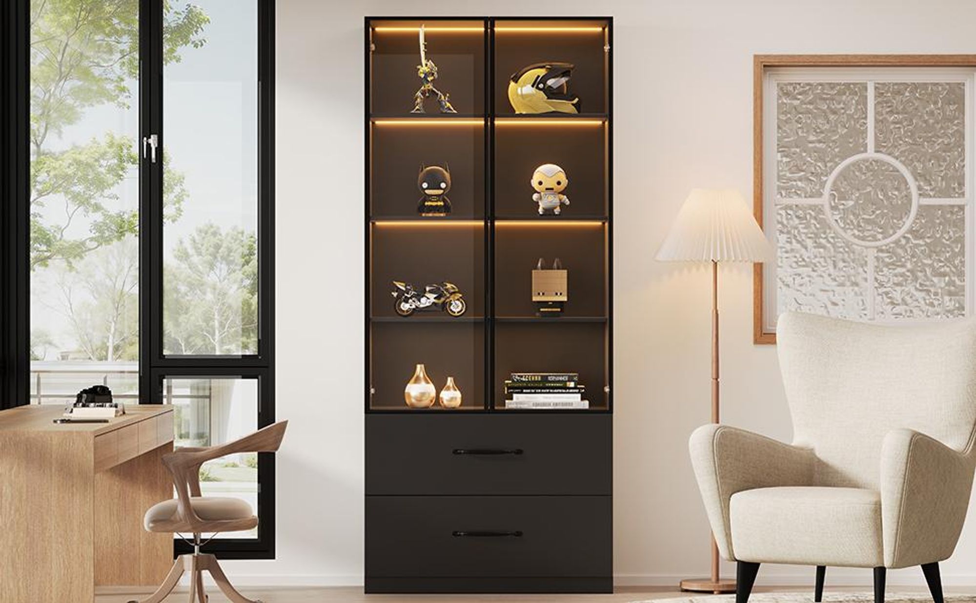 Merax Glasvitrine mit 2 Schubladen, mit Farbwechsel-LED, Hochschrank, Stehend Vitrinenschrank für Wohnzimmer Schlafzimmer, 60x40x160cm, Schwarz