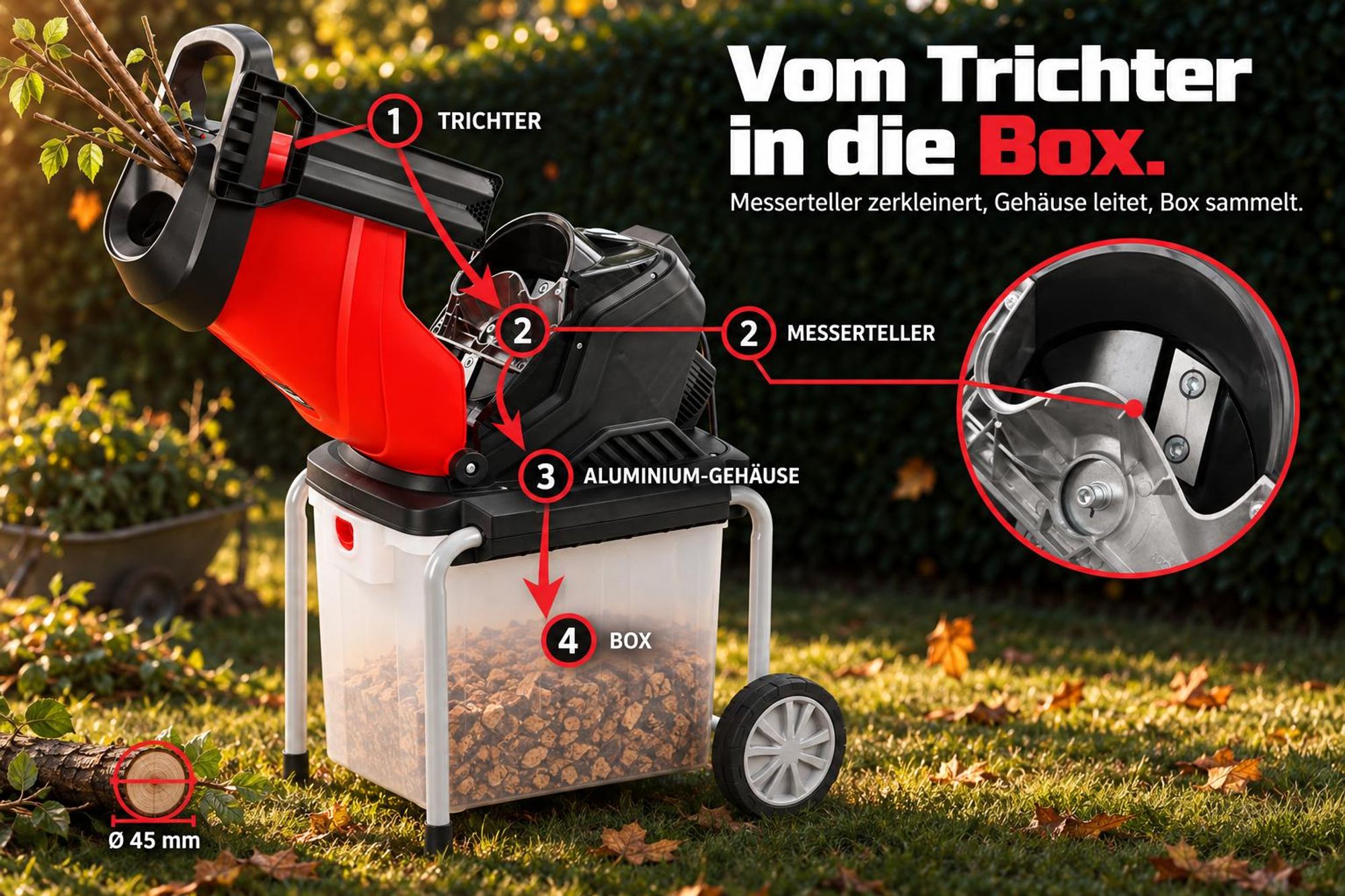 Gartenhäcksler Elektro HECHT 630 BOX | 3000 W | Für Äste bis Ø 45 mm | 50 Liter Auffangbox | Messerteller-Häcksler Holzhäcksler elektrisch