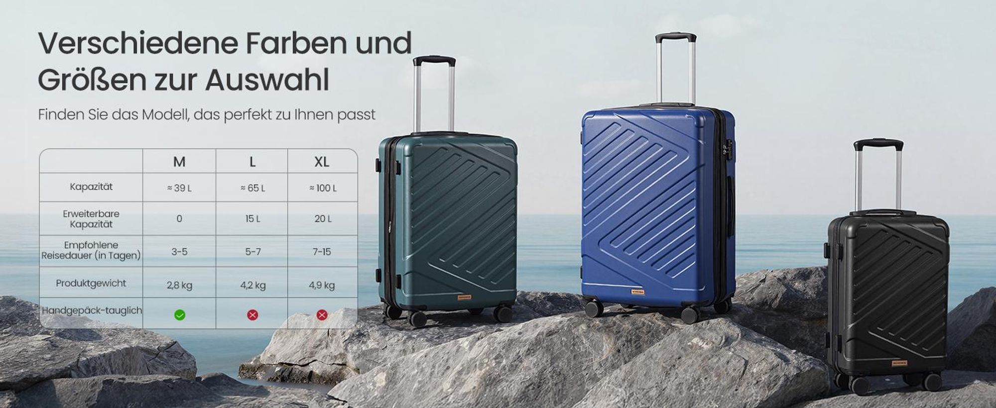 SONGMICS Koffer, Hartschalenkoffer mit TSA-Schloss und Koffergurt, Handgepäck, M, 55 cm, für Urlaub, 4 Rollen, türkis