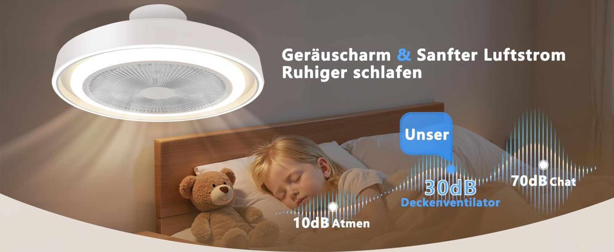 ZMH LED Deckenventilator Fernbedienung Dimmbar Deckenleuchte mit Ventilator Lampe Decke Leise Modern Deckenlampe Blau 5 Flügeln für Schlafzimmer