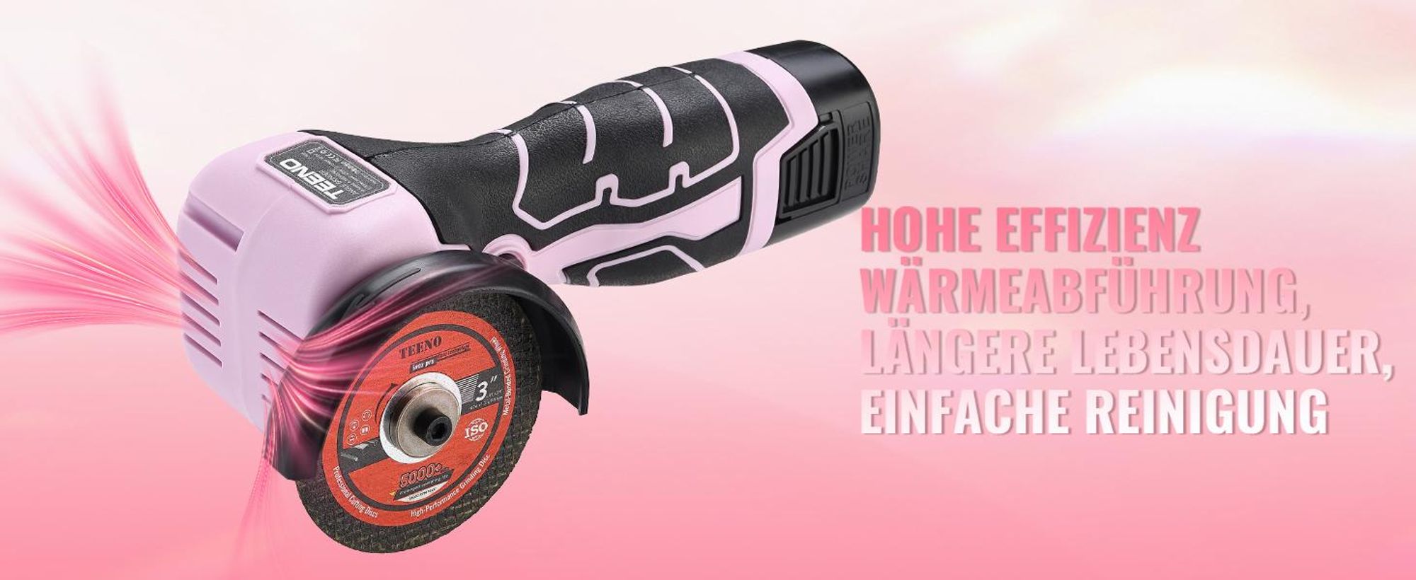 Winkelschleifer TEENO 19.500 U/min – kabellose Schleifmaschine, 76 mm, Komplettset mit 2 Akkus 2000 mAh und 6 Scheiben – zum Schleifen, Polieren