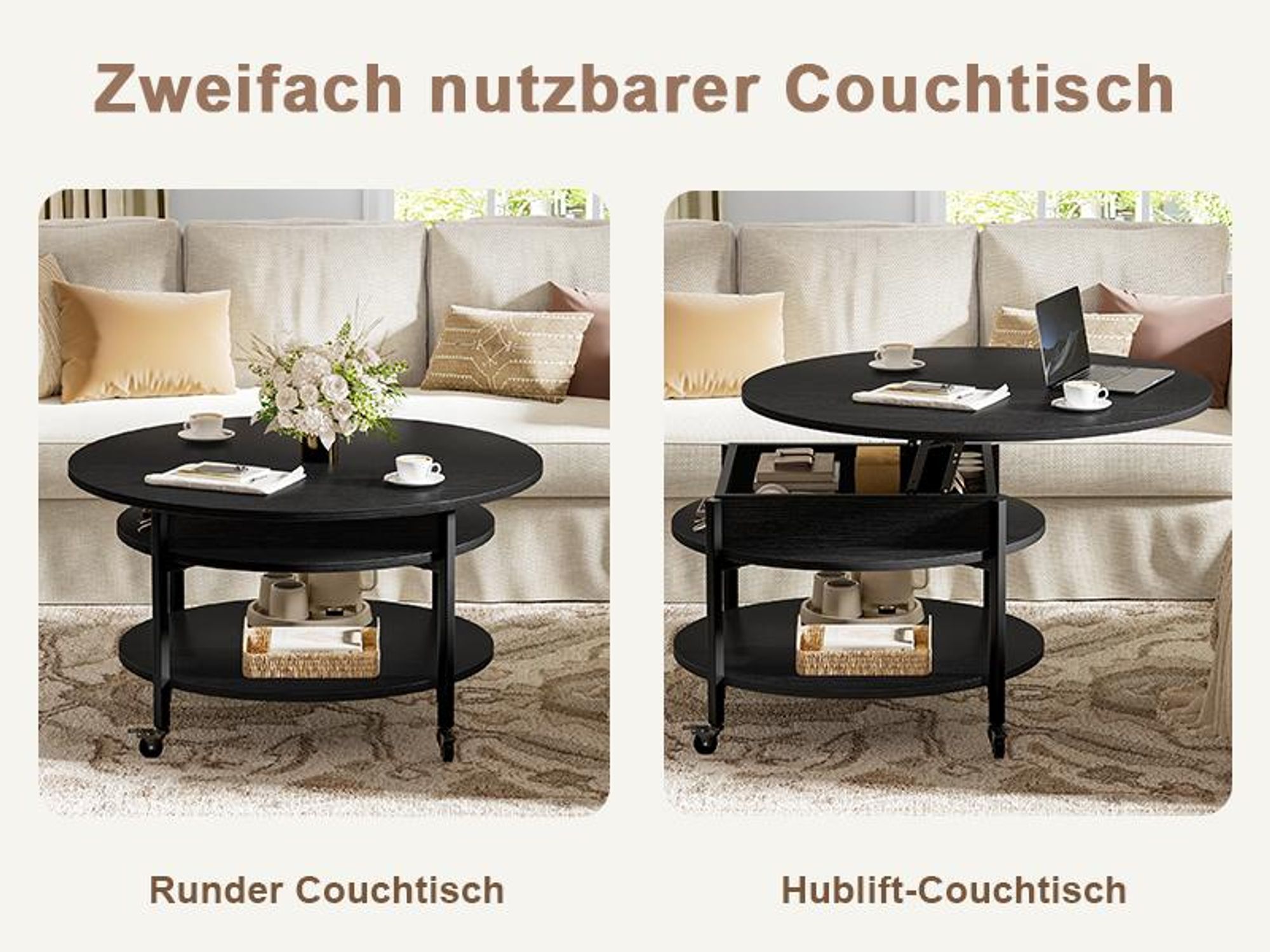 FABATO Runder Couchtisch mit Höhenverstellung, Rädern und Staufach - 26,77 Zoll, 2-stufig, ideal für Wohnzimmer, in Schwarz