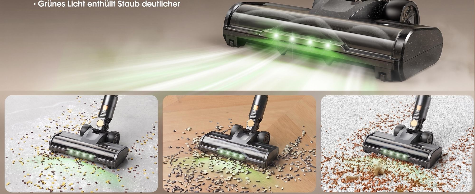 Lubluelu Akku-Staubsauger 75000 Pa, Anti-Haar-Verwicklungsbürste, Grüne Beleuchtung, Freistehend, Für Tierhaare, Teppiche & Hartböden,P2
