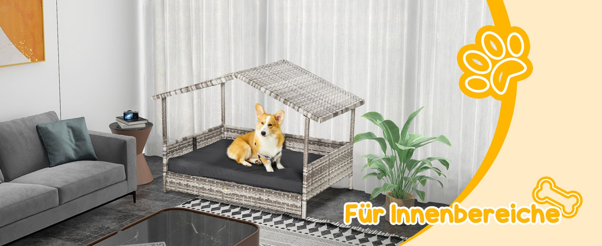 PawHut Rattan Hundehaus Hundebett mit Kissen Hausform Outdoor Hundehütte Grau