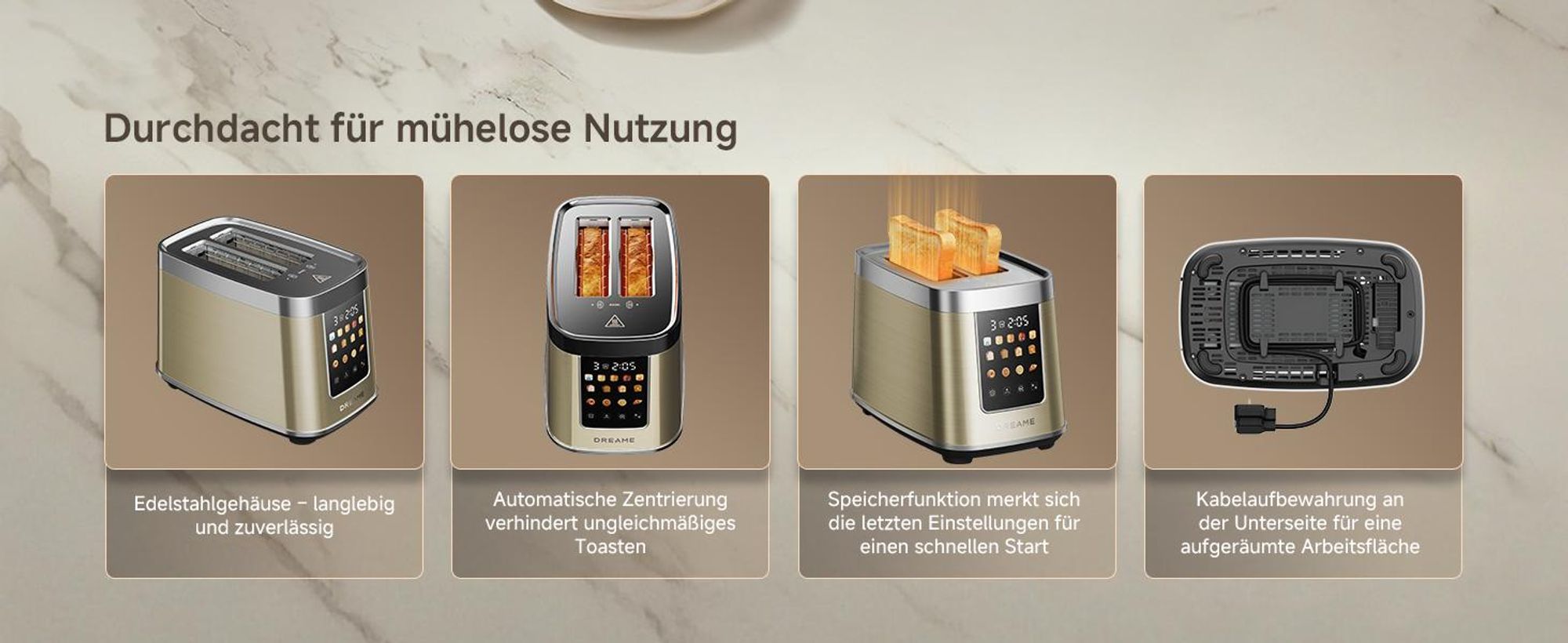 Dreame Smart Toaster 2 Scheiben,5,3-Zoll-IMD-Touchscreen,Motorisiertes Auto-Lift-Design,8 Brotprogramme&6 Bräunungsstufen,3 praktische Funktionen,Gold