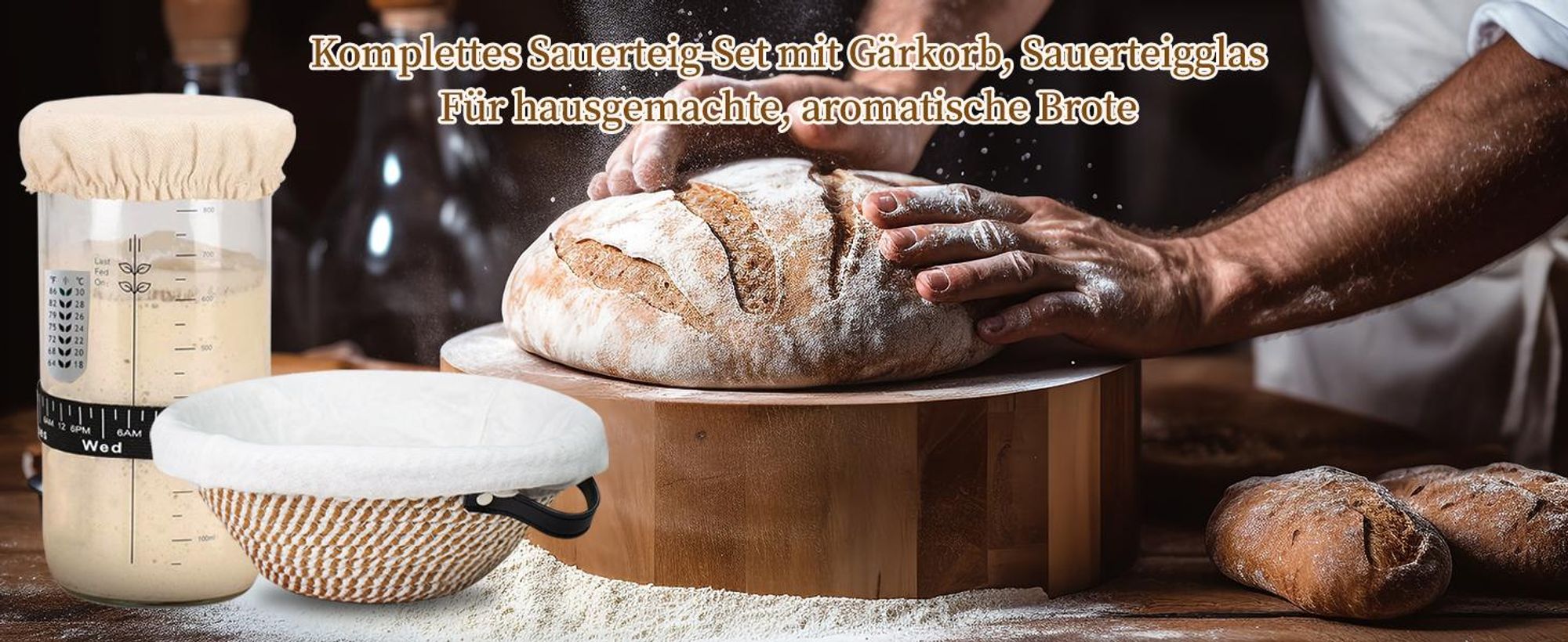 Gärkörbchen Set aus Rattan 10-teilig, Komplettes Brotback Set mit Sauerteigglas, Backmatte & Brotschneider mit 5 Klingen für Anfänger und Profis