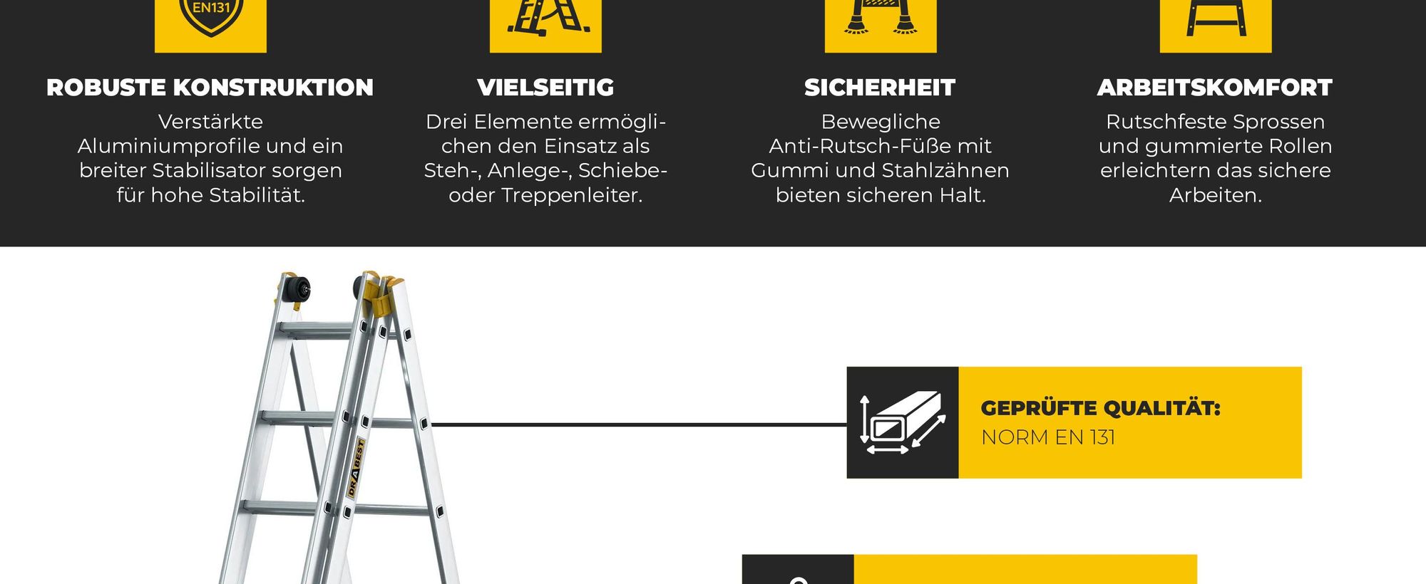 Drabest | Leiter, PRO - 3-teilige Leiter - Mehrzweckleiter 3x9 Stufen - Tragfähigkeit 150kg - Alu Leiter - Trittleitern - Multifunktionsleiter