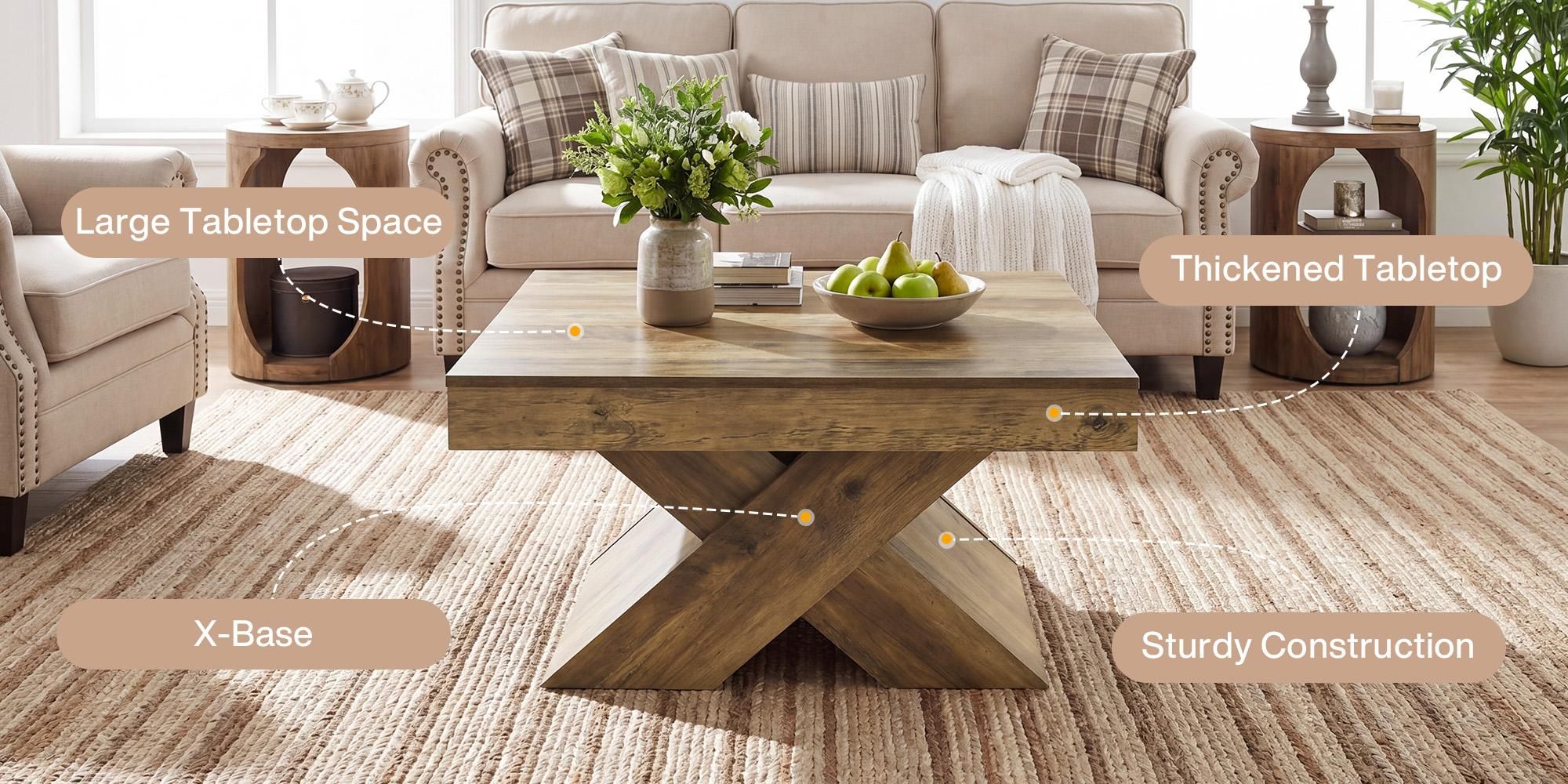 Tribesigns Quadratischer Couchtisch, 80 cm Couchtisch im Landhausstil aus Holz mit X-Gestell für das Wohnzimmer, Beistelltisch für kleine Räume