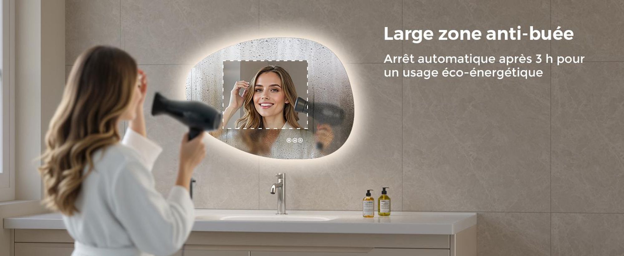 S'AFIELINA 85×50 cm Miroir asymétrique LED - miroir de salle de bain avec éclairage, variateur d'intensité, montage horizontal/vertical, antibuée,salle de bain & couloir