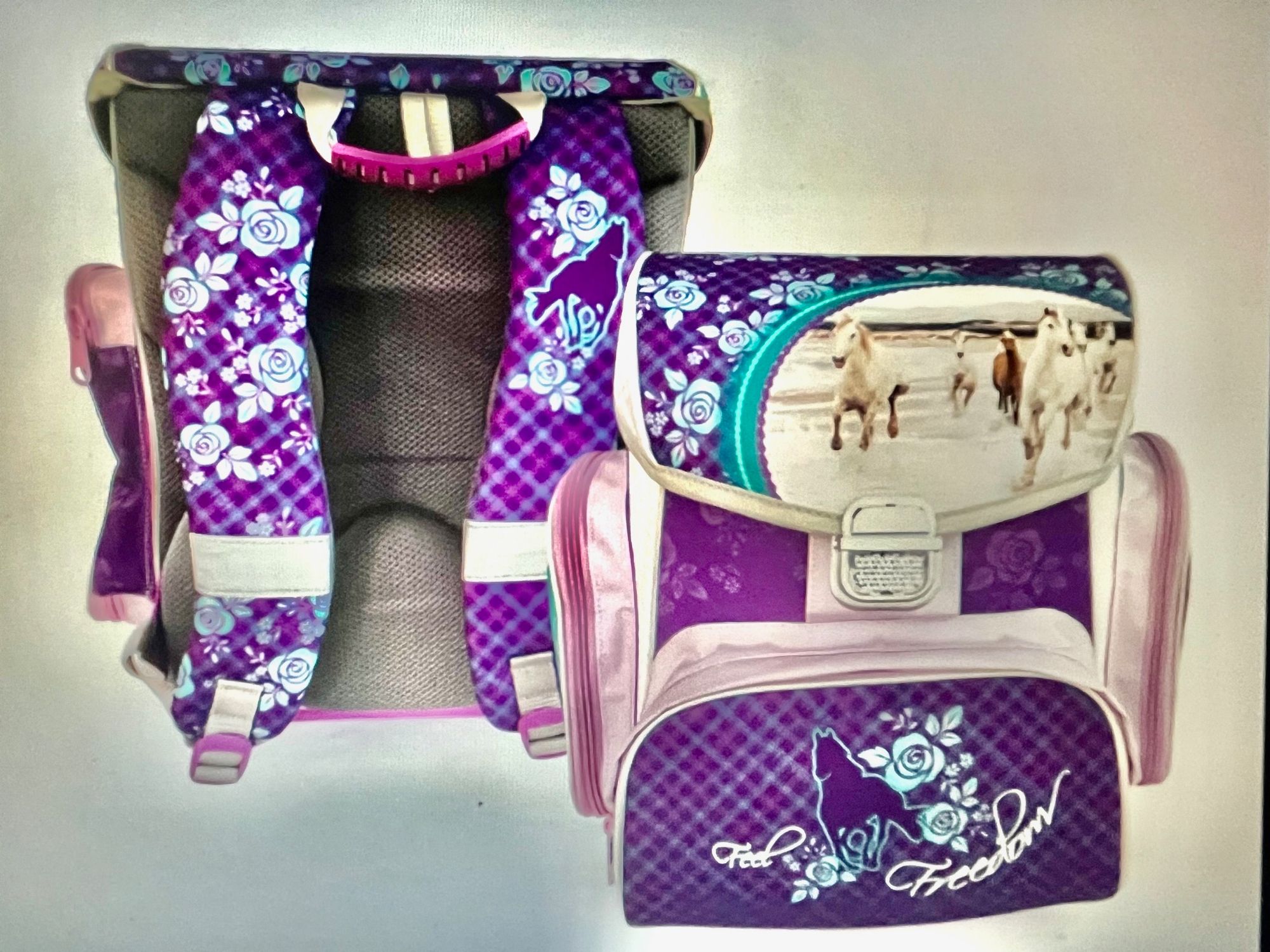 SCOOLSTAR Pferde Horses Schulranzen SET 3 tlg Schulrucksack leicht Tornister für Mädchen