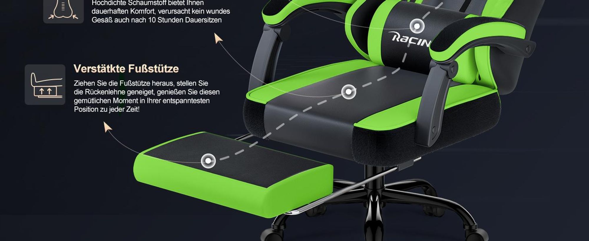 Portreen Gaming Stuhl,Bürostuhl Ergonomischer Gaming Sessel mit Lendenwirbelstütze Fußstütze, gepolstert,Kopfkissen Gaming Stuhl, 150kg Gaming Chair