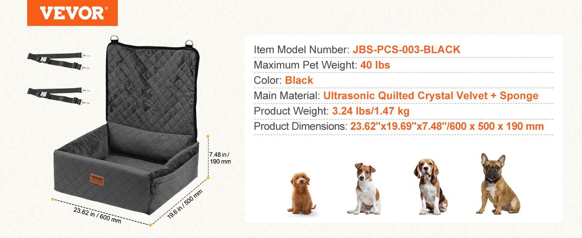 Hundebegleiter-Beistell-Sitz für Auto 600x500x670mm 18kg Schwarz