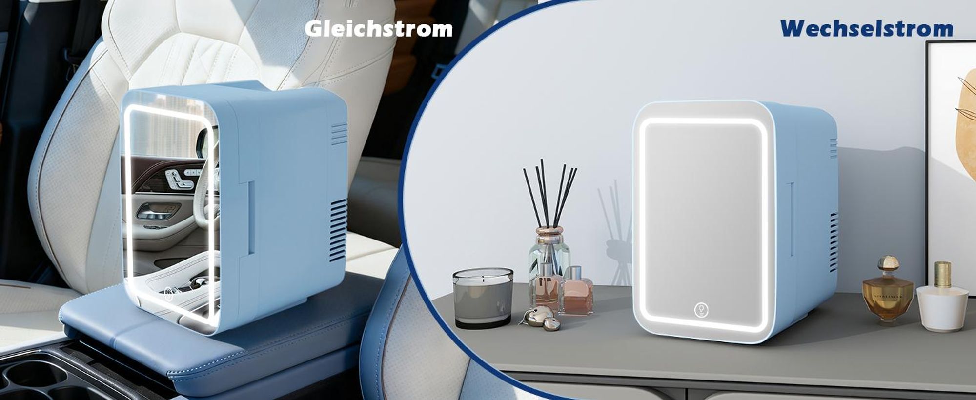 Puluomis Mini Kühlschrank 4L mit LED Spiegel tragbar für Kosmetik, Kühlbox Warmbox blau