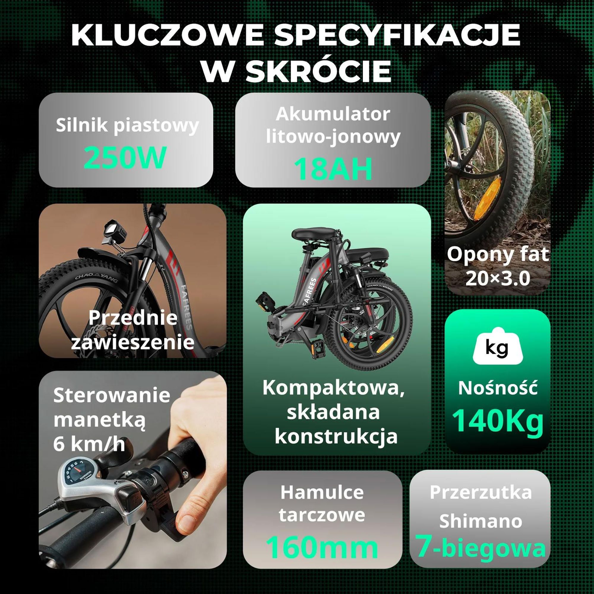 FAFREES F20 Rower Elektryczny - Silnik 250W Bateria 36V18Ah Koła 20'' Mechaniczny Hamulec Tarczowy - Szary