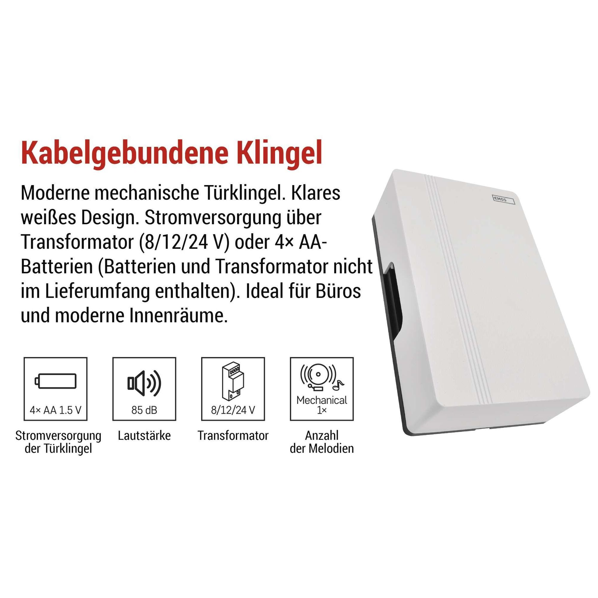 EMOS 2-Draht Türklingel mit Dual-Stromversorgung, 1 Melodie Ding-Dong, Lautstärke 85dB, drahtgebunden, zur Wandmontage, rechteckig, P57102