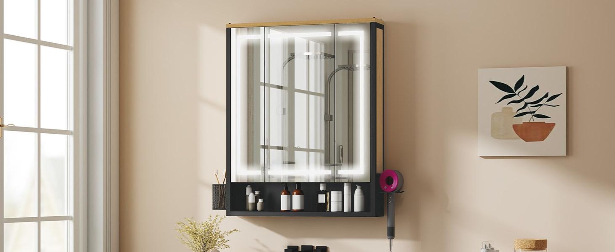 YITAHOME Spiegelschrank Bad mit LED, 3 Türen, Steckdosen, Wandschrank Badezimmerschrank, 70 x 15 x 75 cm, Schwarz
