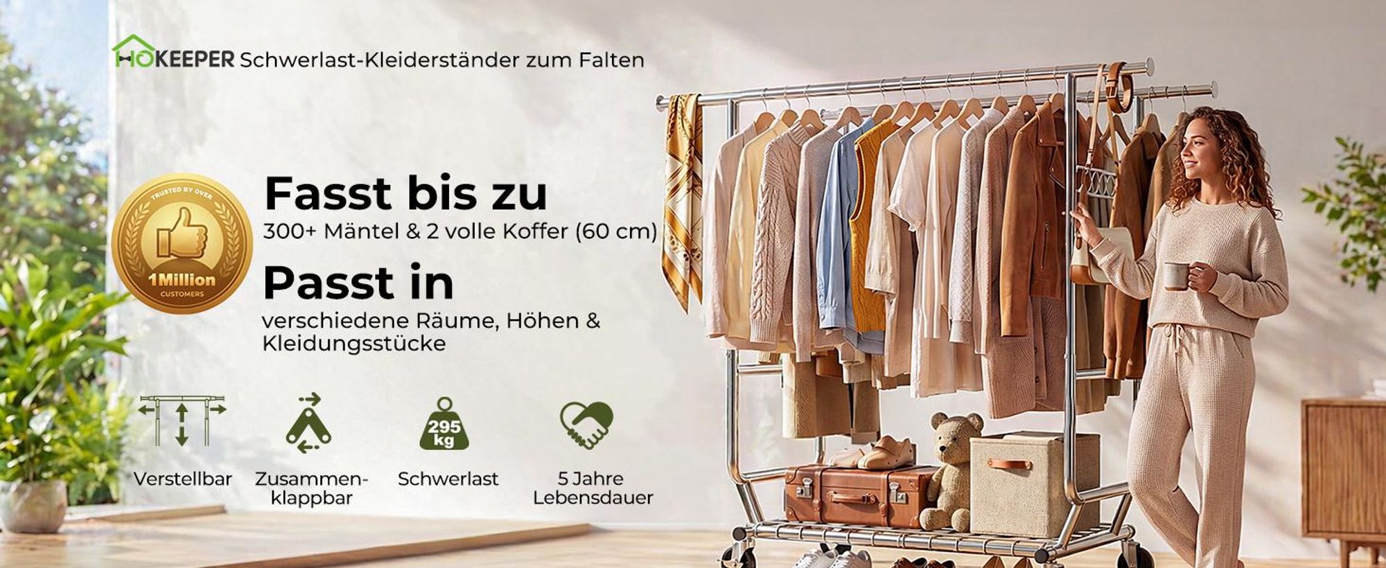 HOKEEPER Profi Doppelter Kleiderständer, bis 272 kg belastbar, Schwerlast Kleiderstange auf rollen, Industrie-Design, Garderobenständer