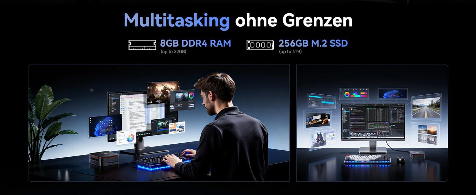 ACEMAGIC P1 Mini PC,AΜD Ryzen R2544 (4C/8T, bis 3,7 GHz) | 8GB DDR4+256GB SSD(max.4TB) | Windows11 Pro | WiFi 5 | BT4.2