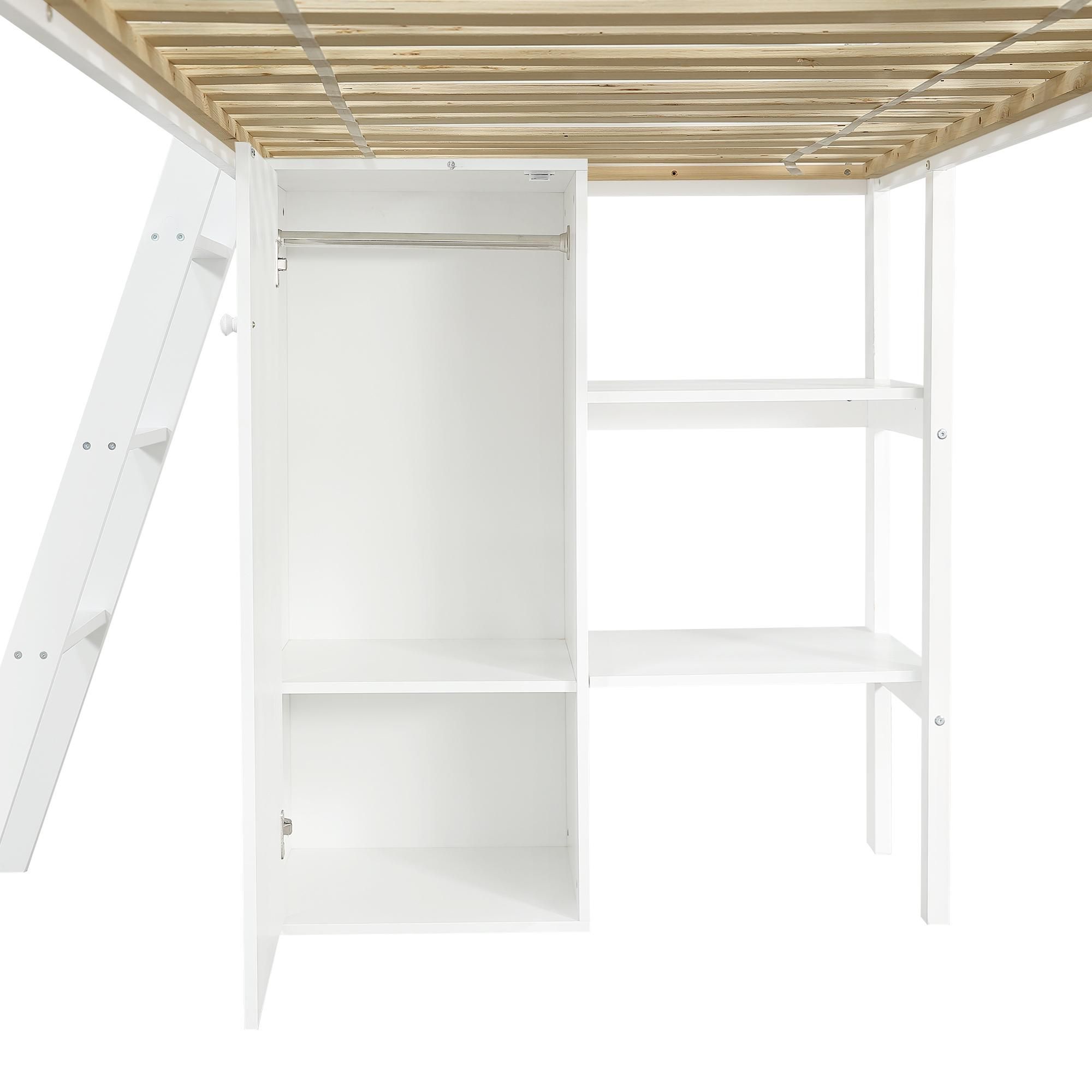 Flieks Etagenbett 90x200cm mit Rutsche und Leiter, Kinderbett Hochbett mit Kleiderschrank und Regal, Stockbett Spielbett mit Lattenrost, Weiß