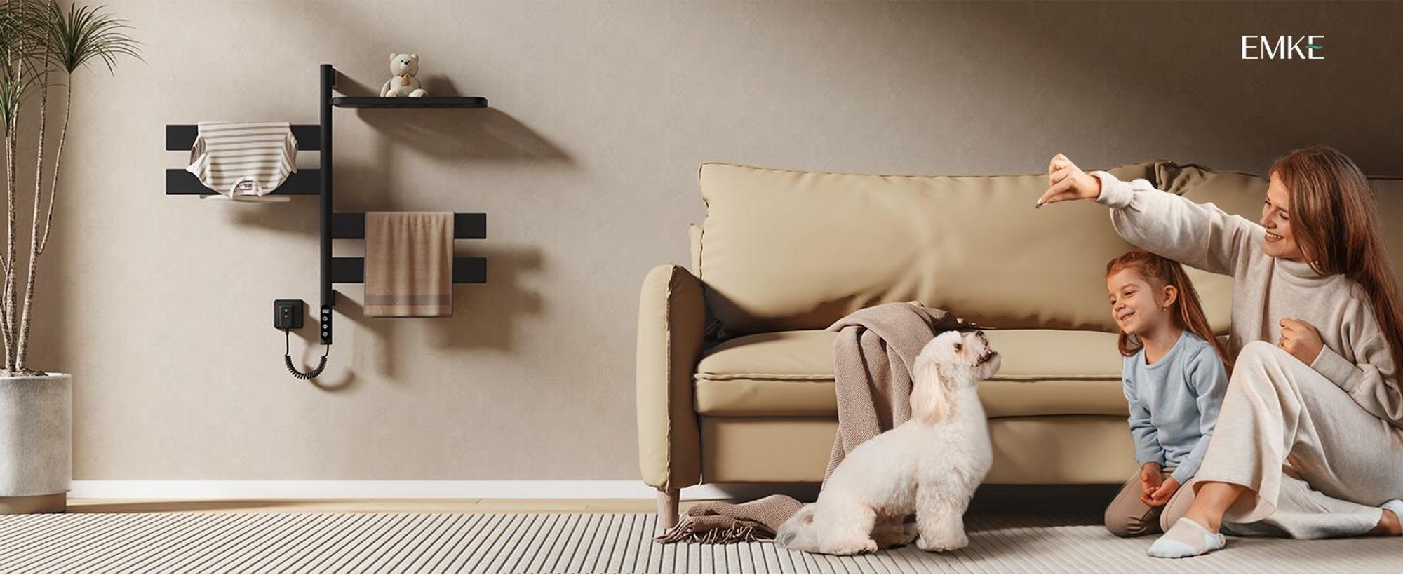 EMKE Scaldasalviette Elettrico con Portasciugamani Girevole e Mensola, Termoarredo Bagno WiFi con App e Controllo Vocale, Timer, 76x45x14 cm, Nero