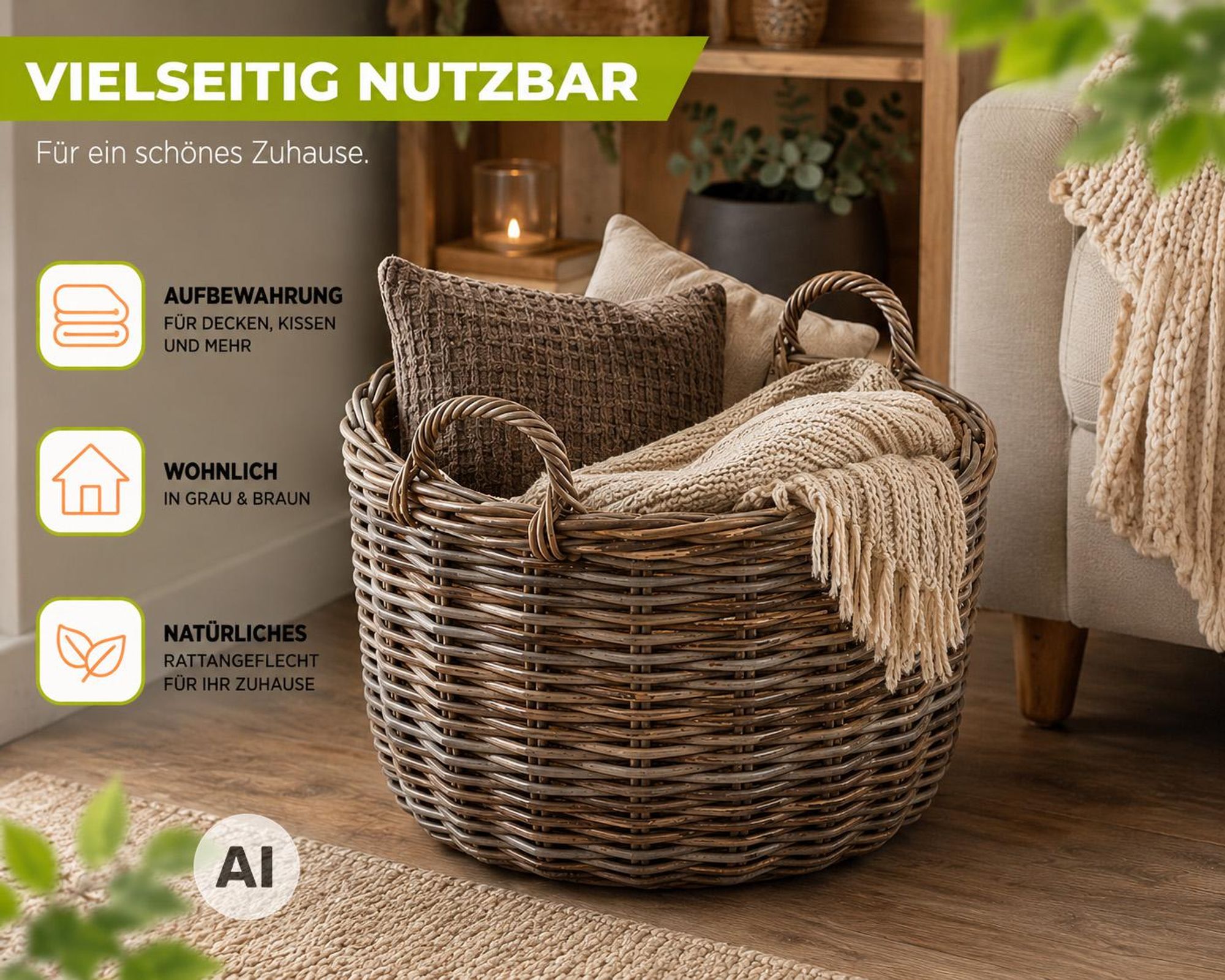 Kobolo Rattankorb Holzkorb für Kaminholz - rund - Rattan kubu grau - 34x50 cm - Aufbewahrungskorb Ordnungsbox Korb Einrichtung Tragekorb Henkel Griff