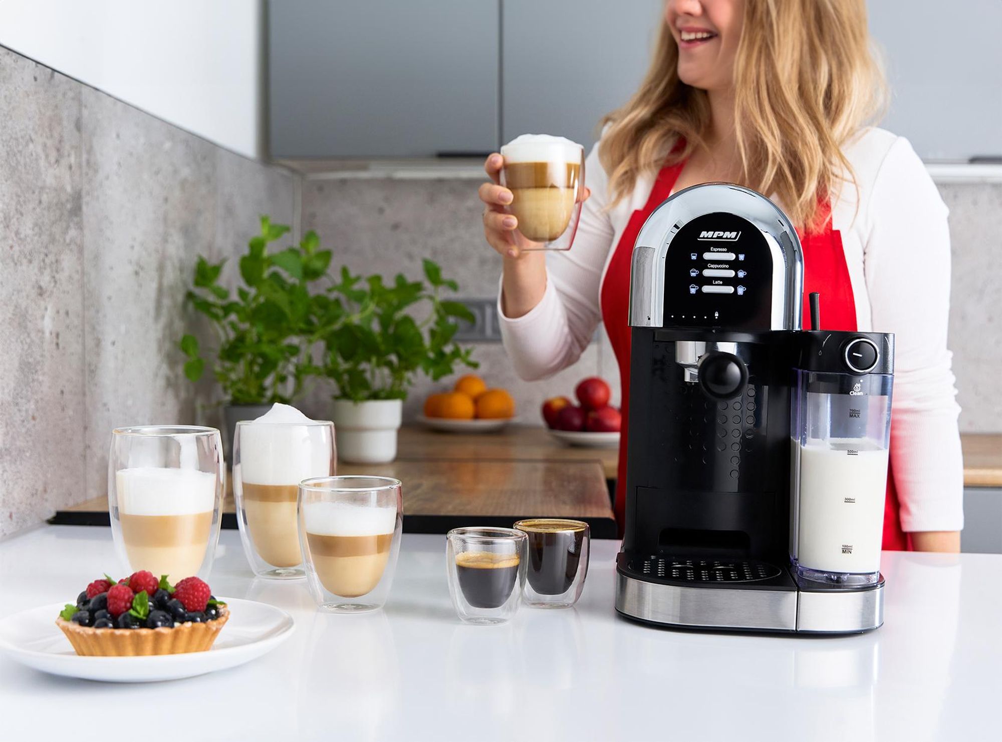 MPM Siebträgermaschine 15 Bar Espresso Kaffeemaschine Cappuccino Latte Thermoblock Milchsystem Milchaufschäumer 1100W MKW-14M
