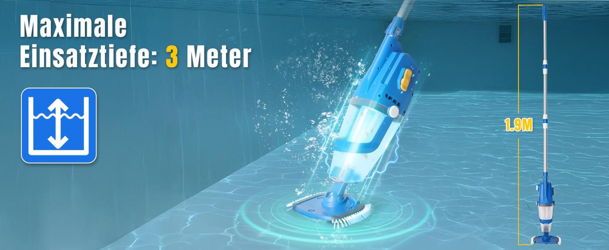 FCH Poolsauger, Kabelloser Akku-Poolsauger mit Teleskopstange, Starke Saugkraft, Lange Laufzeit, 33W, Blau