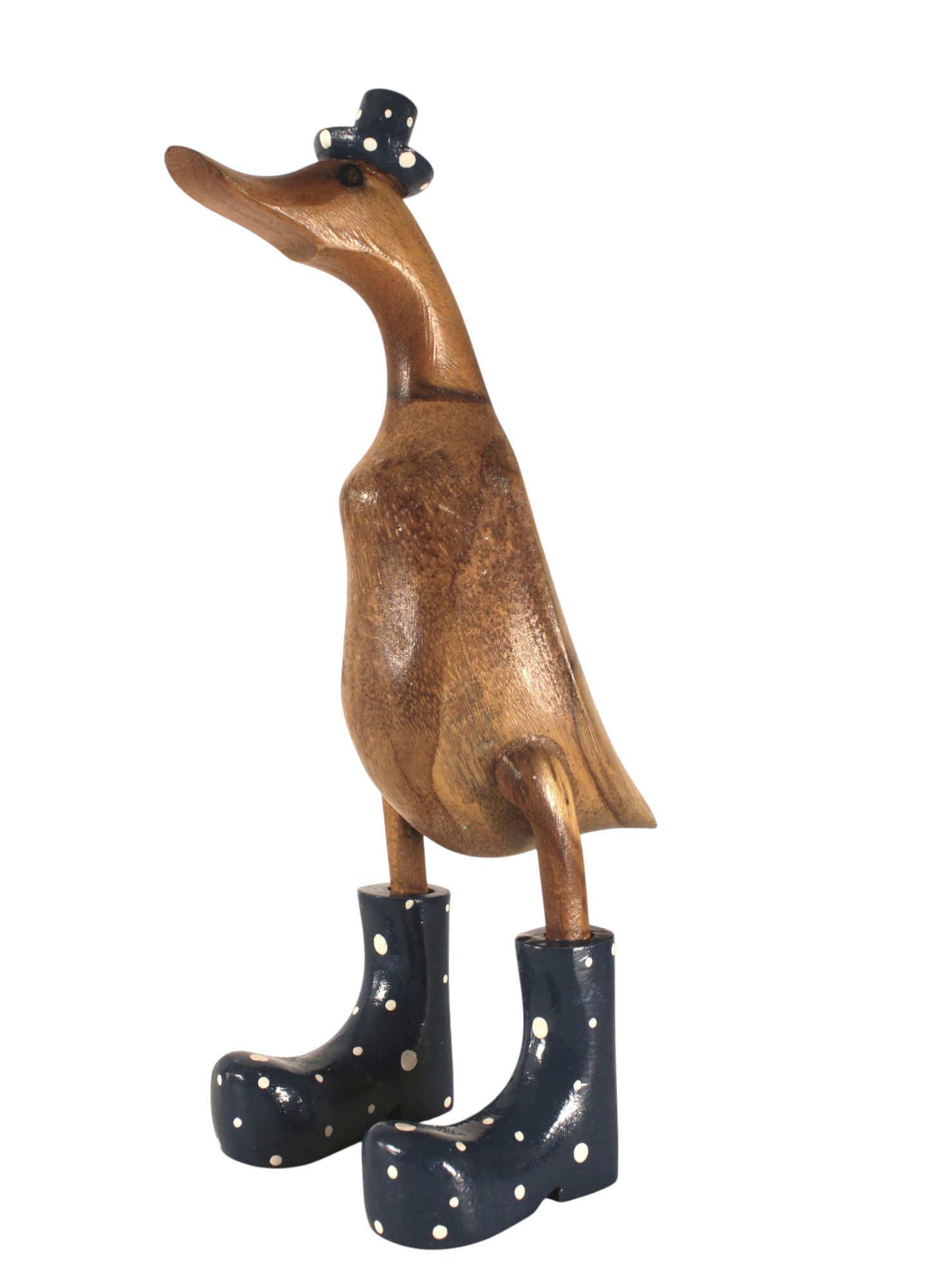 Ente aus Holz 27 cm mit dunkelblauenblauen Stiefeln und Hut
