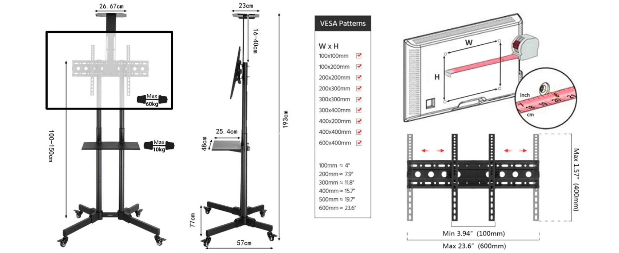 FCH TV Bodenständer TV Ständer mit Rollen für 32-70 Zoll TV Halterungen maximal 60 kg, VESA 400 x 600, um 15 ° nach oben und unten verstellbar