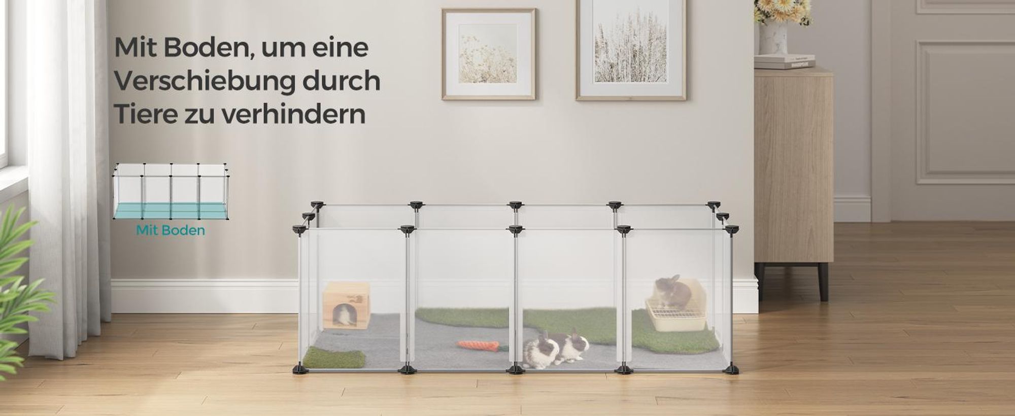 SONGMICS Kleintierkäfig, Freigehege mit Bodenplatten, 145 x 72 x 57 cm, weiß