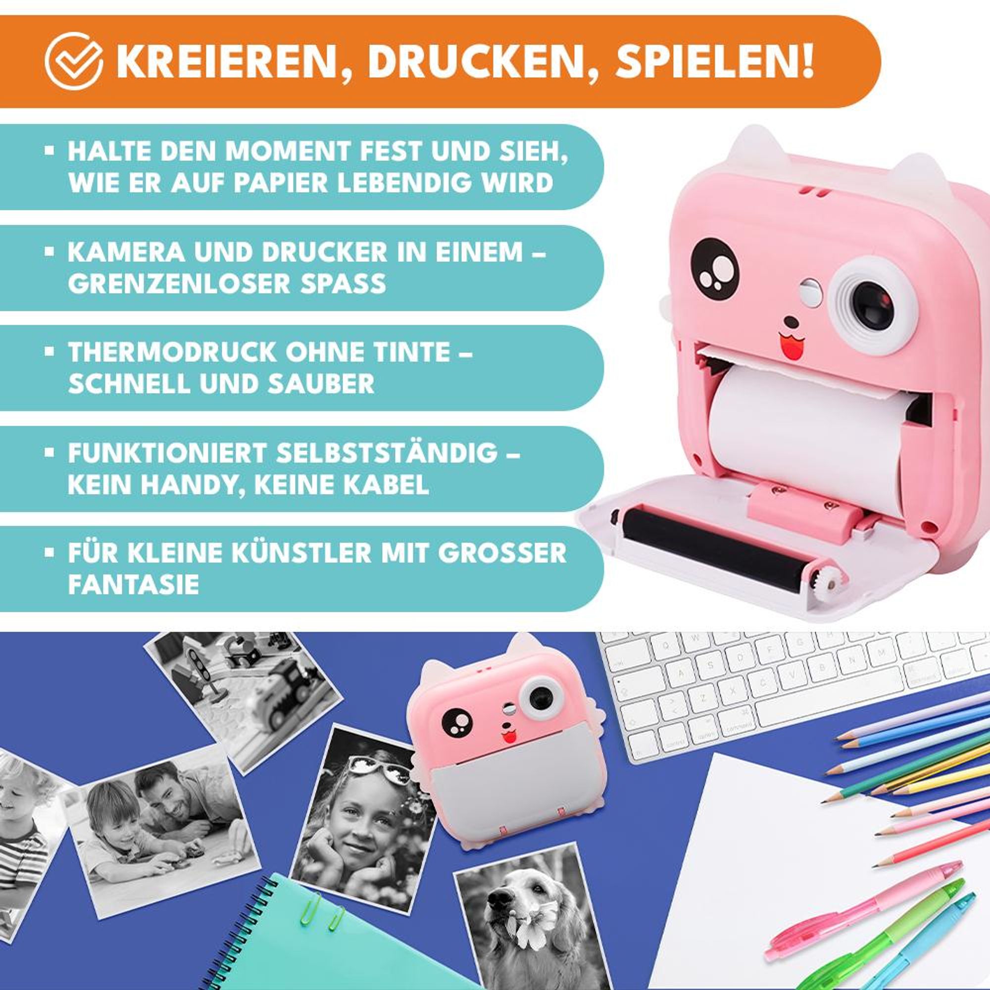 KRUMAD Mini Sofortbildkamera mit Drucker - 2in1 Kinderkamera & Fotodrucker, Bluetooth, Spiele, Video/Musik, Smartphone-Druck