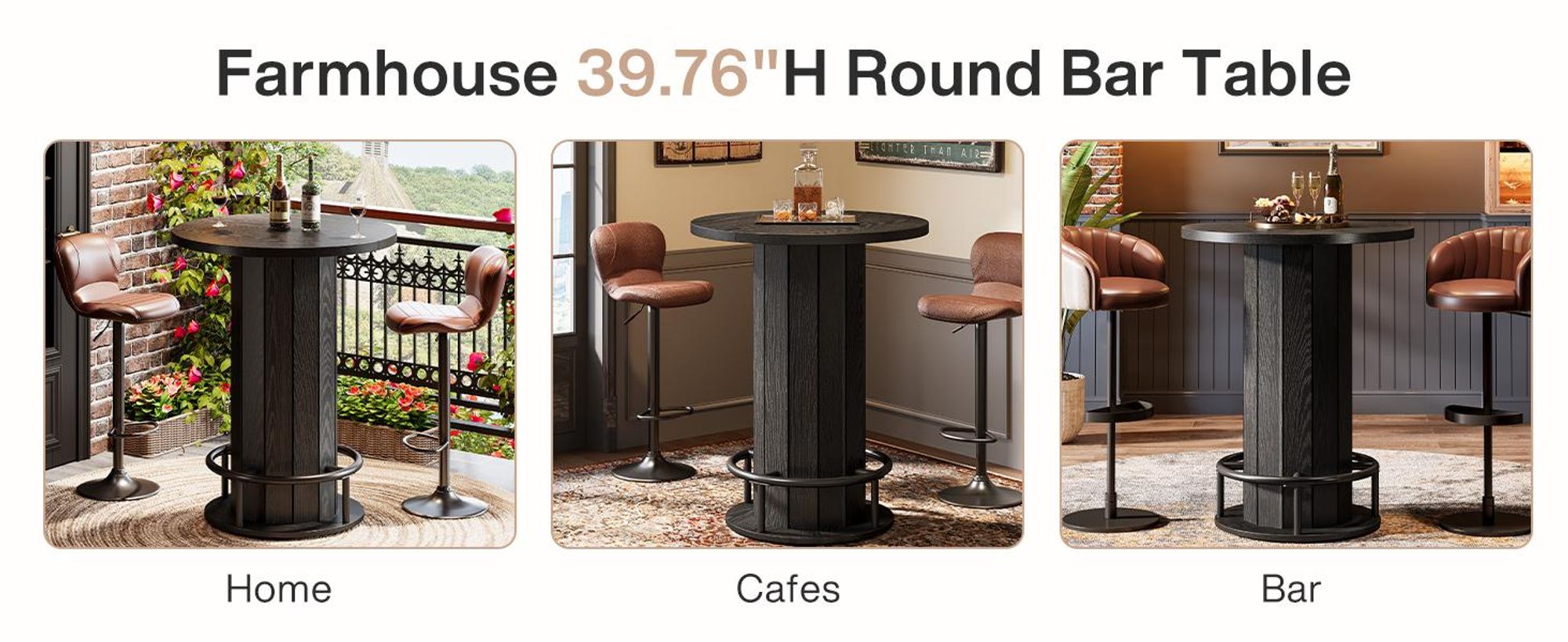 Tribesigns runder Bartisch, 100 cm hoch, Bistrotisch aus Holz mit Metallring-Fußstütze für Essbereich, Kaffeebar, kleine Räume, Schwarz