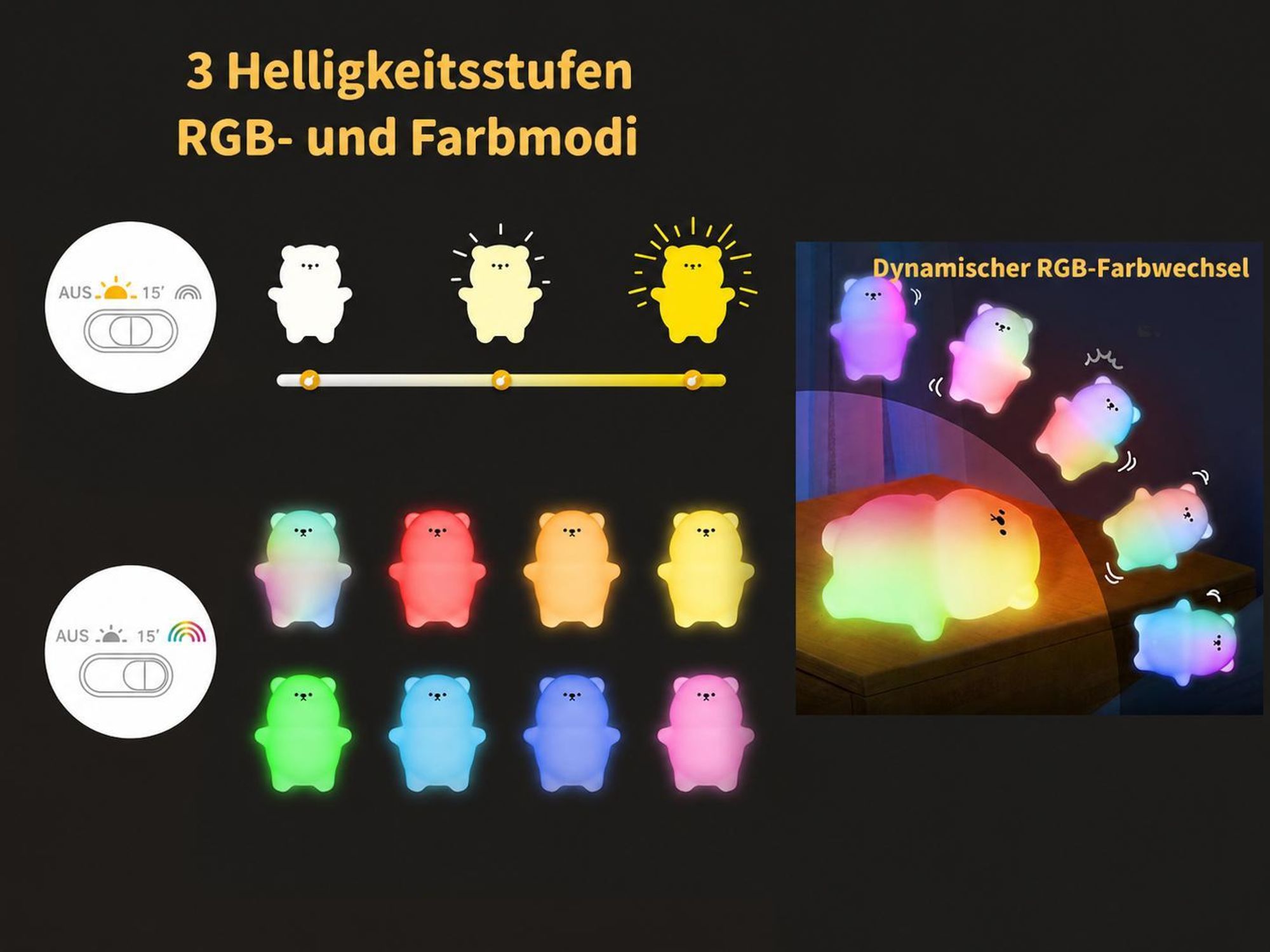 Nachtlicht Bärenform, Farbwechsel-Licht mit Regenbogeneffekt, Touch-Steuerung durch Tippen & Kneten, BPA-freies Silikon, USB-C, 1200mAh