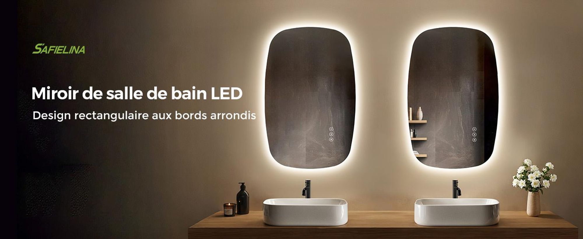 S'AFIELINA 80×50 cm miroir mural LED - miroir de salle de bain avec éclairage, verre HD , intensité lumineuse variable, LED 3 couleurs, antibuée, suspension horizontale & verticale
