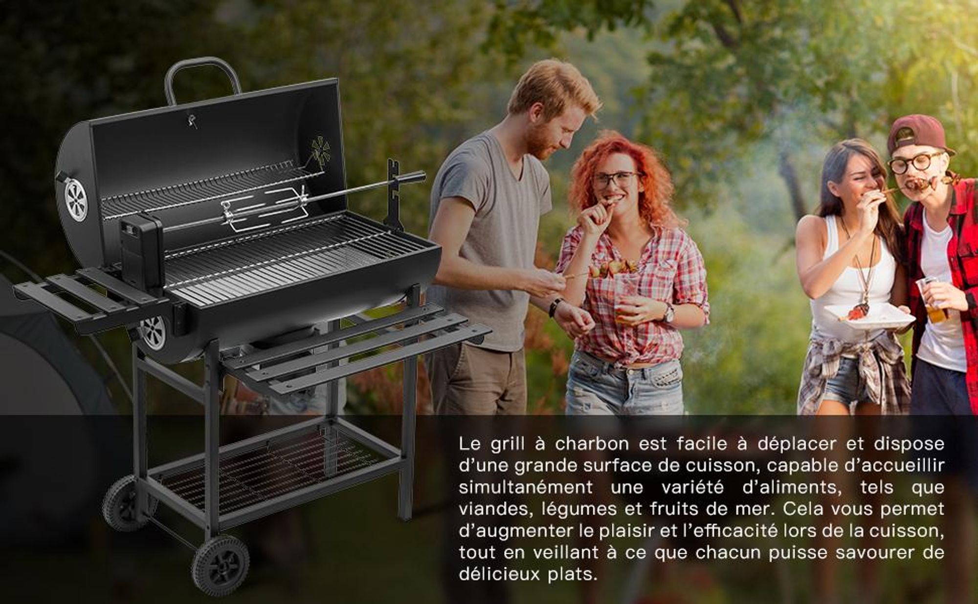 TEENO Barbecue Charbon de Bois Upgraded | Grill à Charbon avec Couvercle | Thermomètre,Tiroir à Cendres,Gants anti-brûlures, Évent Réglable