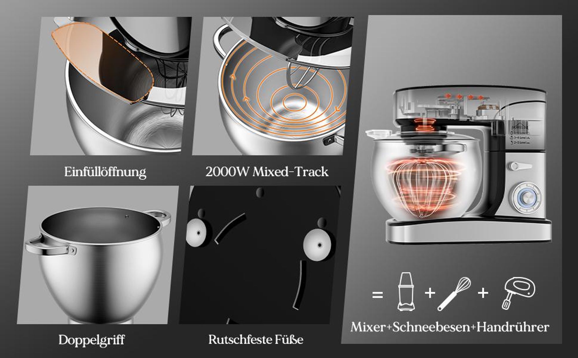 Küchenmaschine Homelux 2500W Knetmaschine,12 L Küchenmaschine,Teigmaschine, inkl 3-Teiligem Patisserie-Set und Spritzschutz, Edelstahlschüssel