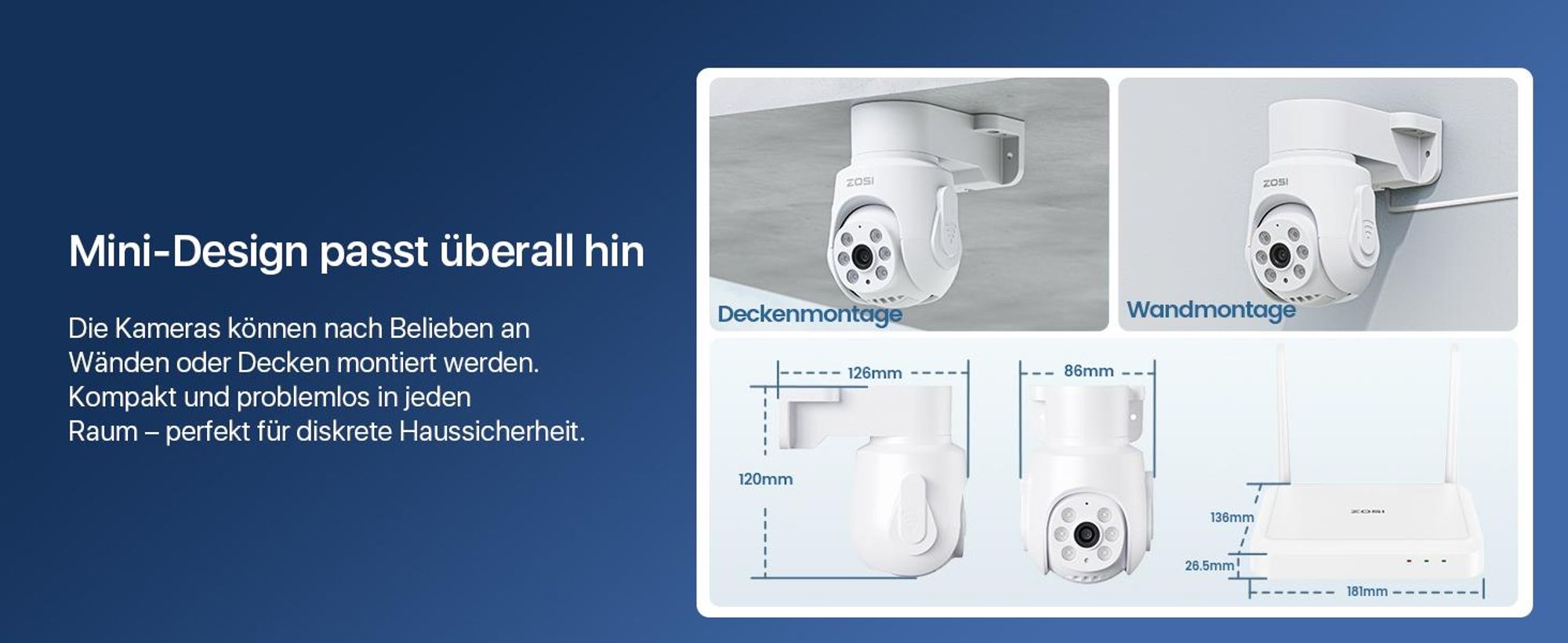 ZOSI 3K 5MP Wi-Fi 6 Überwachungskamera Set mit 2X 360° PTZ WLAN Kamera Aussen, 64GB Karte, Personenverfolgung, Farbnachtsicht, 2-Wege-Audio, C280