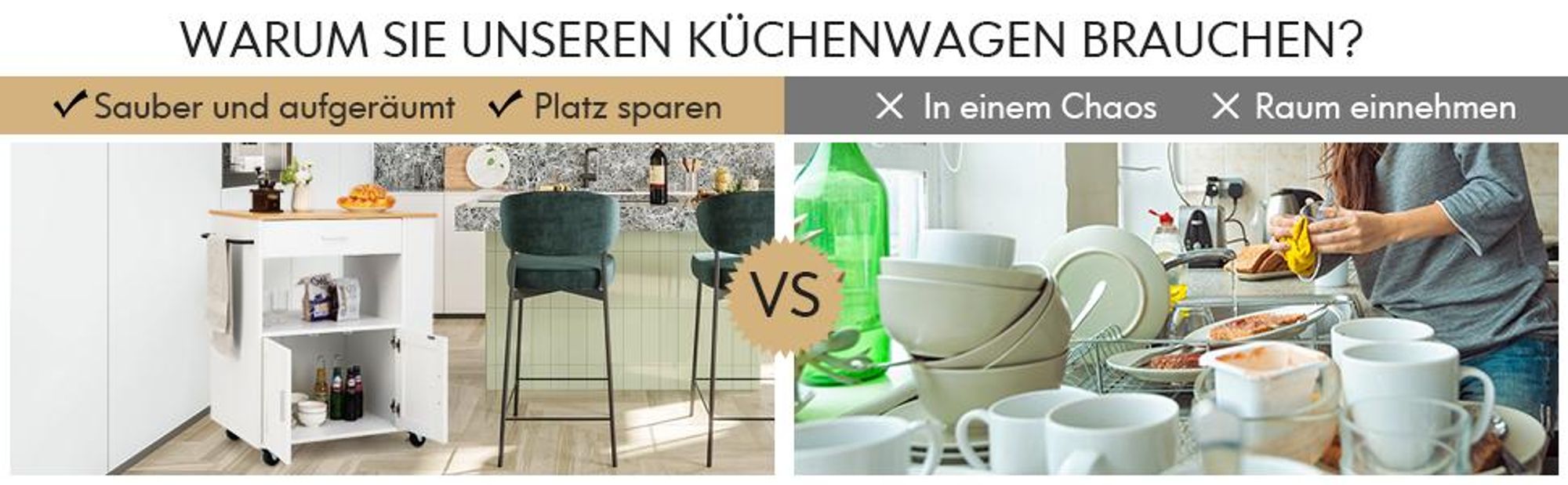 COSTWAY Küchenwagen auf Rollen, Servierwagen mit Arbeitsplatte, Handtuchhalter, 3 Gewürzregalen & Schublade, Kücheninsel Küchenschrank Holz Weiß