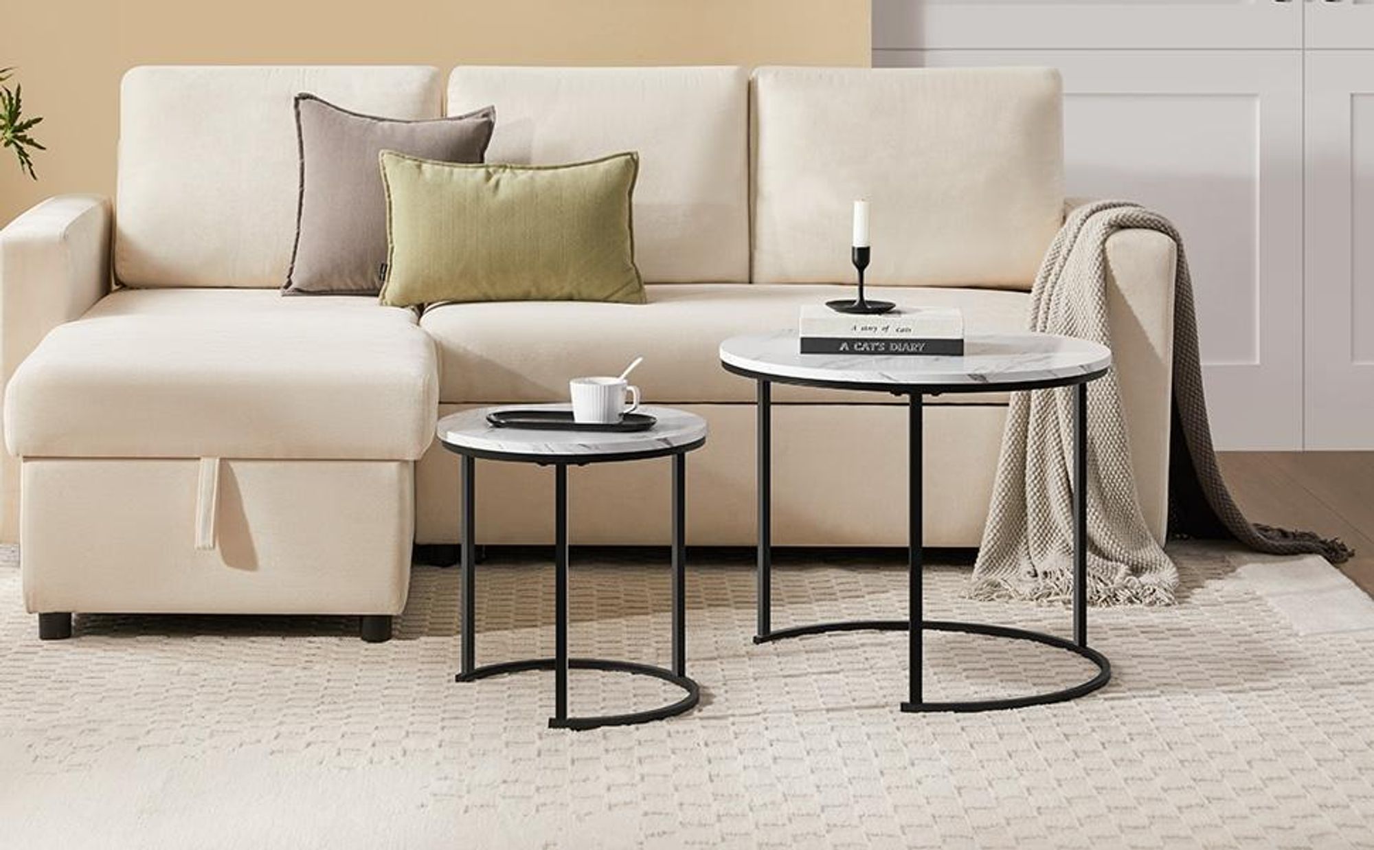 Yaheetech Couchtisch 2er Set, runder Beistelltisch Set, Sofatisch mit Metallgestell, Satztische für Wohnzimmer Schlafzimmer, Weiß