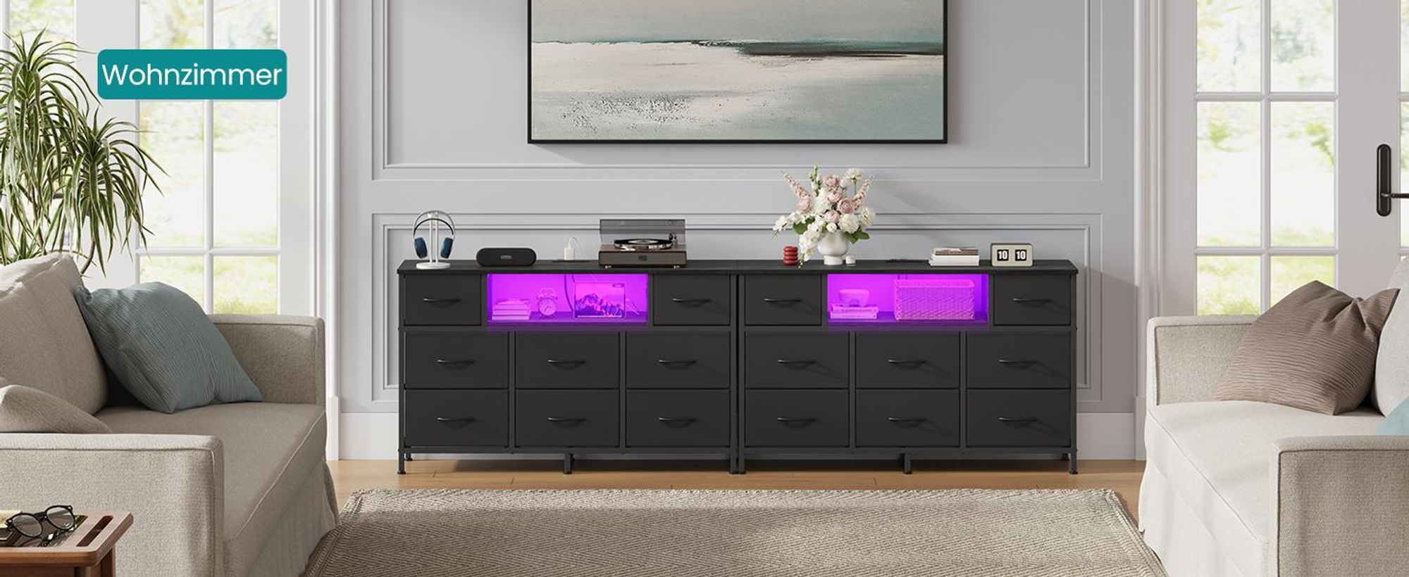 SONGMICS Kommode mit 8 Stoffschubladen, TV-Schrank mit LED und Steckdosen, 113,8 x 30 x 68,1 cm, Schwarz