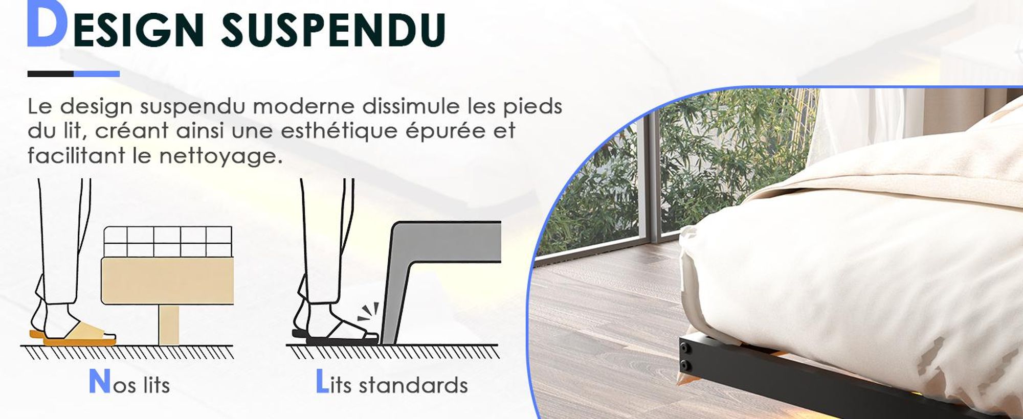 DEWINNER Cadre de Lit 140 x190 avec Sommier Métal, Lit 2 Personnes Flottant avec Éclairage LED, Sommier en Métal, Structure Stable, Noir(sans Matelas)
