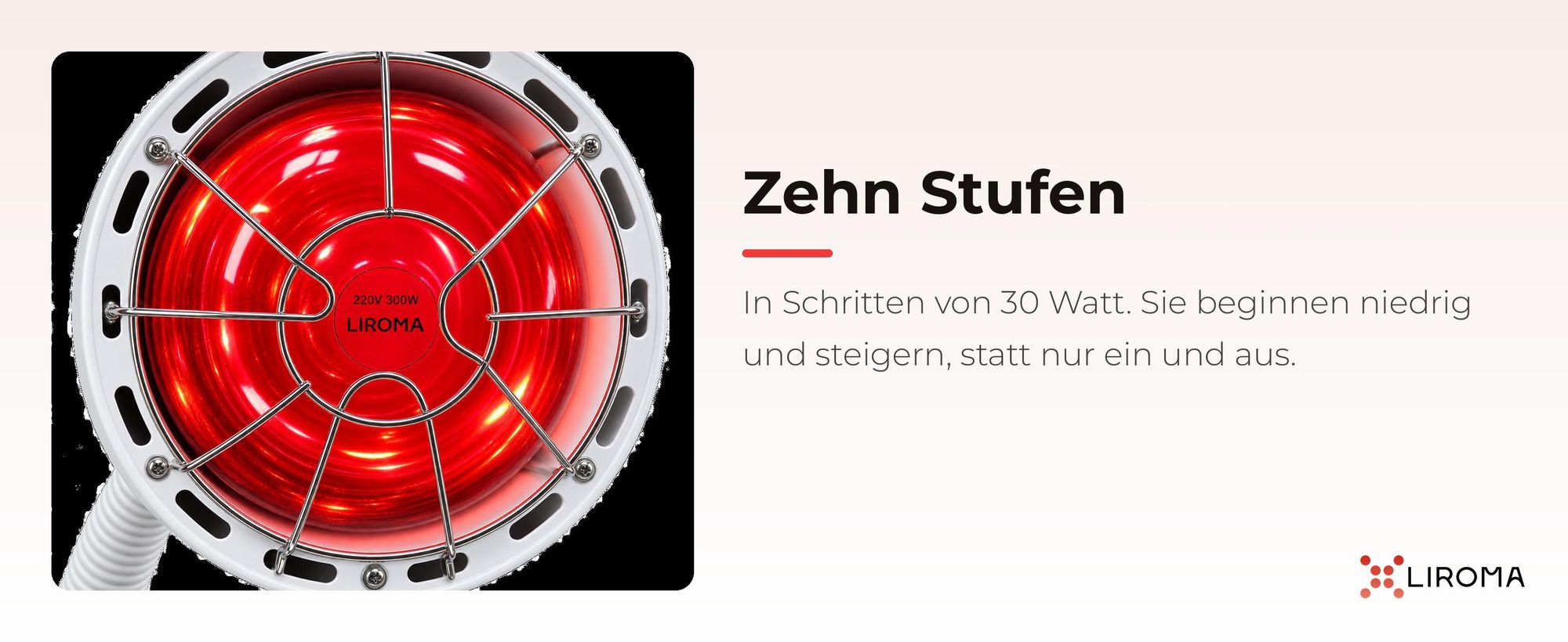 Infrarot-Strahler der LIROMA Infrarotlampe mit Schutzgitter, zehn Stufen in Schritten von 30 Watt