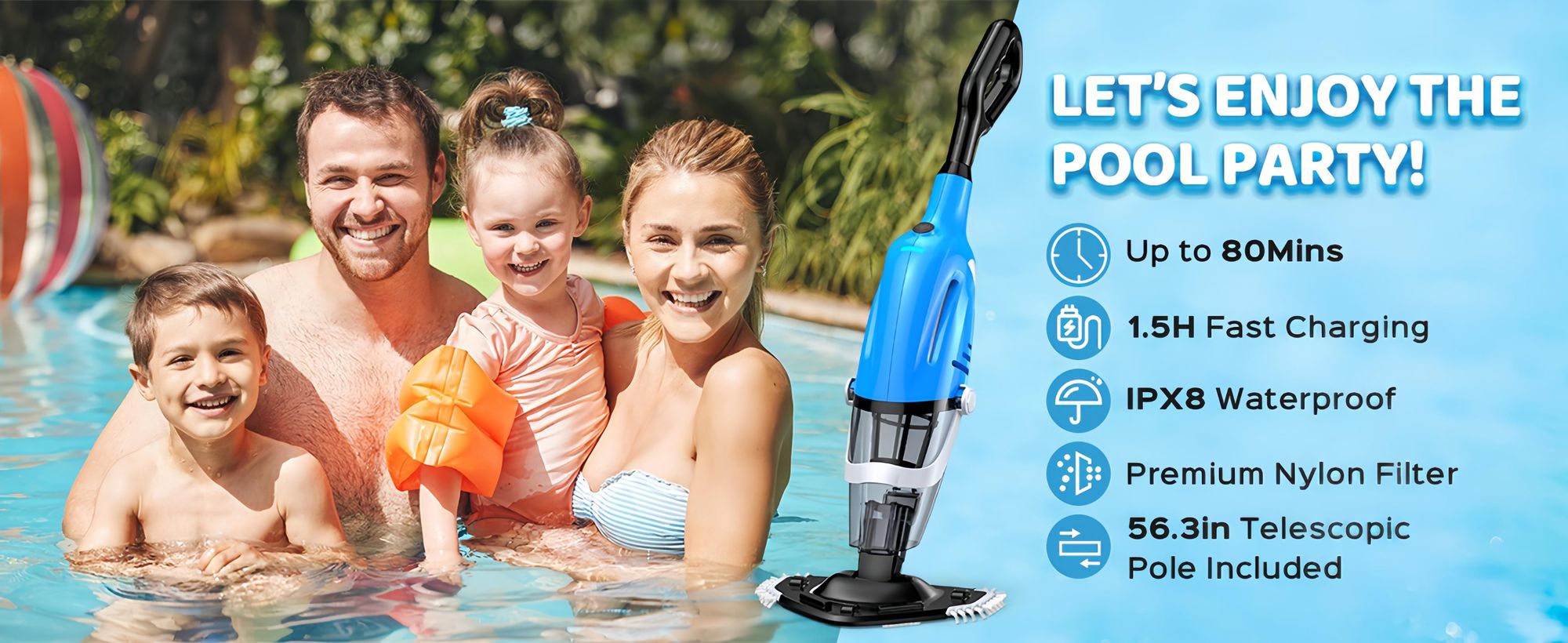 Schnurloser Poolsauger, Handgeführter, wiederaufladbarer Pool-Staubsauger mit Teleskopstange, leistungsstarker Whirlpool-Sauger für oberirdische Pools