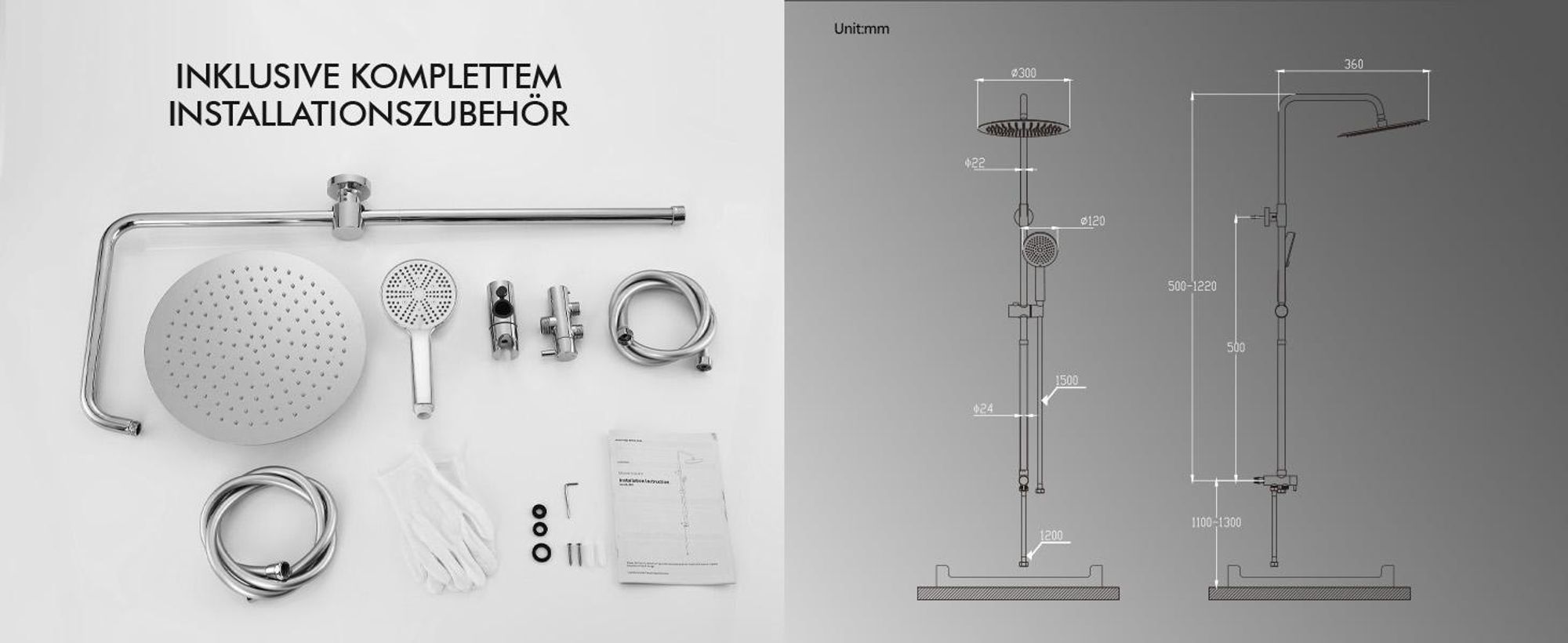 Homelody Duschsystem ohne Armatur, Duschset Duschsäule mit SUS 304 Edelstahl 30cm kopfbrause & Handbrause Rund, 3 Strahlarten, Chrom