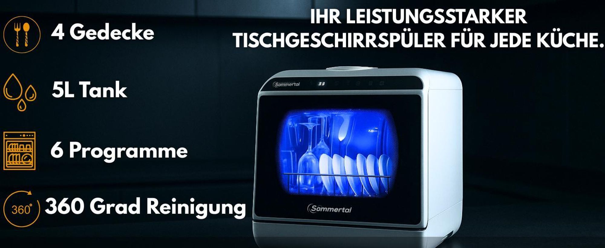 Sommertal Tischgeschirrspüler SP5 Dual – Mini Spülmaschine oder Tischspülmaschine mit 6 Waschprogrammen, 360° Reinigungsabdeckung, flexible Wasserversorgung – effizient & umweltschonend