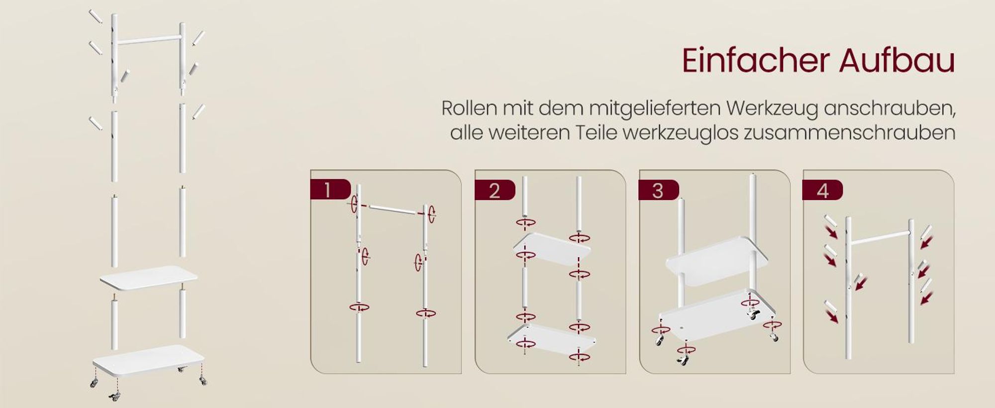 VASAGLE Garderobenständer, 7 Haken, 2 Ablagen, Rollen, Massivholz, Flur, Schlafzimmer, Wohnzimmer, weiß