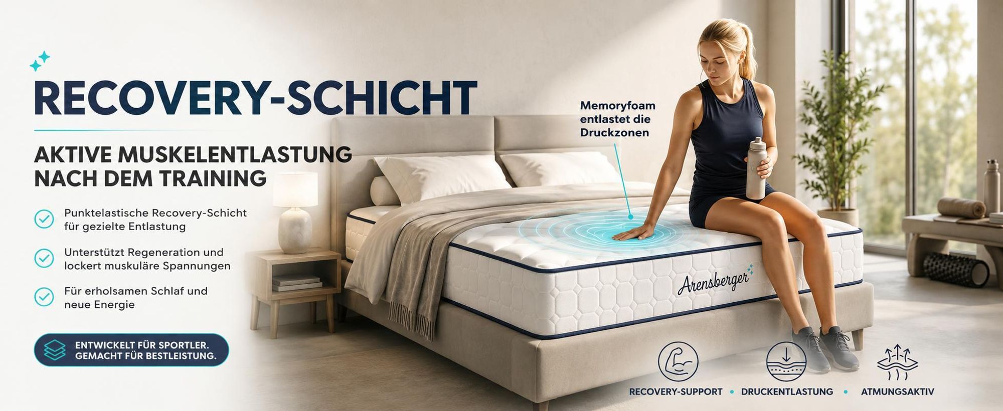 Arensberger LENA SPORT Taschenfederkernmatratze 160 x 200 cm | 21cm Sportmatratze H3 | Memoryschaum & Kaltschaum | Ergonomisch