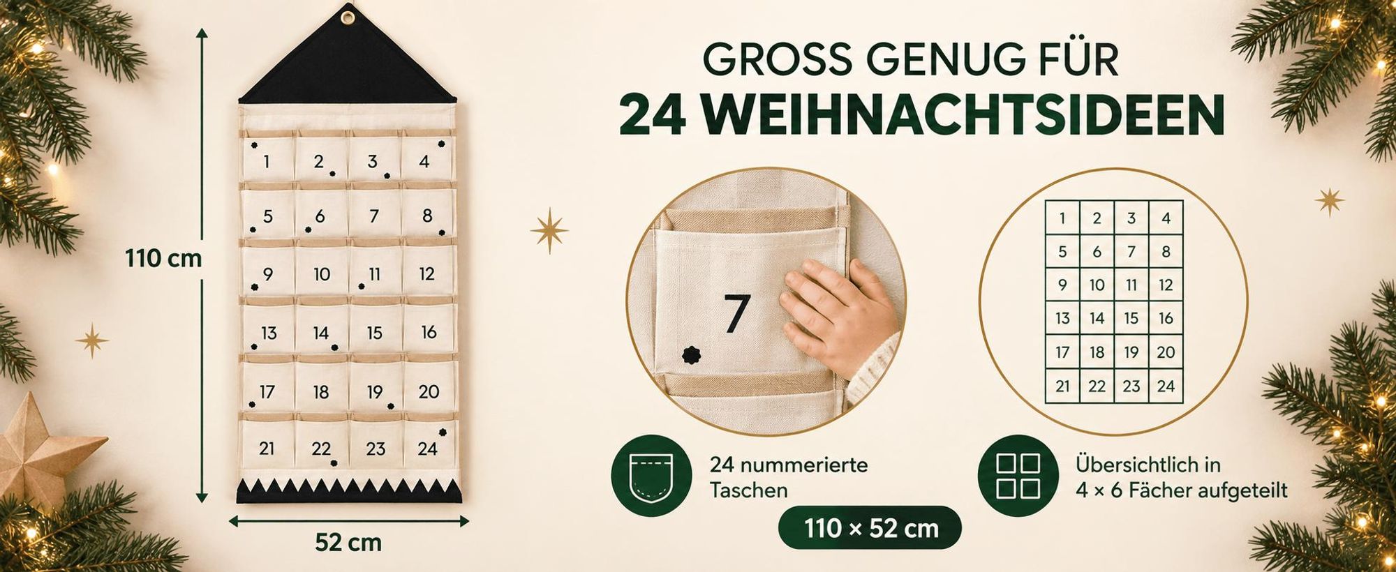 Adventskalender 24 Taschen zum Befüllen, Stoff Weihnachtskalender zum Aufhängen, wiederverwendbar, Weihnachtsdeko